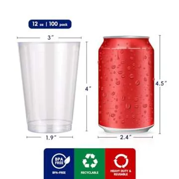 Jolly Chef 12 oz Clear Plastic Cups for Parties, 100 Pack