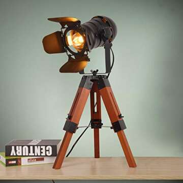 Decoluce Industrial Tripod Floor Table Lamp Vintage Wood Cinema Searchlight Standing Lighting Fixtur...