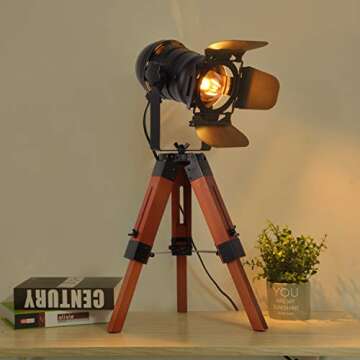 Decoluce Industrial Tripod Floor Table Lamp Vintage Wood Cinema Searchlight Standing Lighting Fixtures Nautical Spotlight Decorations-Not Include E26 Bulbs (Cinema)