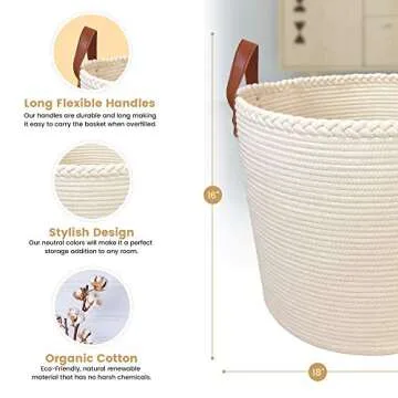 XXL Premium Blanket Storage Baskets 18"x16"-Big Basket for Blankets Living Room – White Large Woven Basket-Rope Baskets for Storage-Large Blanket Basket Living Room - Large Baskets for Blankets