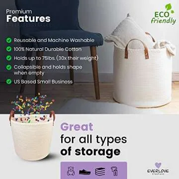 XXL Premium Blanket Storage Baskets 18"x16"-Big Basket for Blankets Living Room – White Large Woven Basket-Rope Baskets for Storage-Large Blanket Basket Living Room - Large Baskets for Blankets