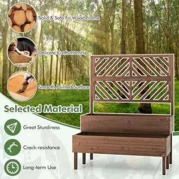 Toolsempire Raised Garden Bed with Trellis & 2 Planter Boxes, 2-Tier Outdoor Wooden Elevated Planter Box with Legs & Drainage Holes, Gardening Planter for Flowers, Herbs, Vegetables & Fruits(Brown)