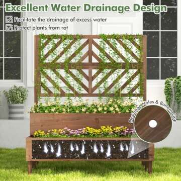 Toolsempire Raised Garden Bed with Trellis & 2 Planter Boxes, 2-Tier Outdoor Wooden Elevated Planter Box with Legs & Drainage Holes, Gardening Planter for Flowers, Herbs, Vegetables & Fruits(Brown)