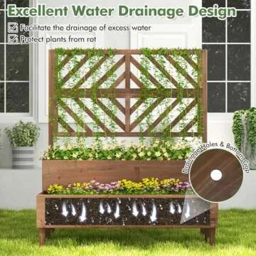 Toolsempire Raised Garden Bed with Trellis & 2 Planter Boxes, 2-Tier Outdoor Wooden Elevated Planter Box with Legs & Drainage Holes, Gardening Planter for Flowers, Herbs, Vegetables & Fruits(Brown)
