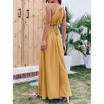 Women Cutout Halter Maxi Dress Backless Boho Beach Summer Dresses Tie Neck Side Slit Long Midi Dress Yellow
