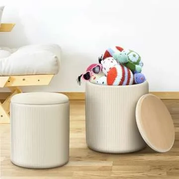 MCleanPin Round Ottoman with Storage, Containers Velvet Vanity Stool, Multifunctional Foot Rest Seat, Set of 2 Storage Ottoman for Coffee Table Living Room Bedroom Toy Storage Cream White