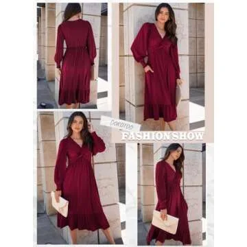 Dokotoo Fall Dresses for Women 2024 Fashion Casual V-Neck Long Sleeve Empire Waist Wedding Guest Dress Pockets Ruched Flowy Maxi Dress Red Small