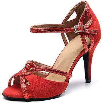 Purifit Women Ballroom Dancing Shoes Ladies Latin Sandals Suede Sole Heels Buckle-up,Red Faux Suede, 8 B（M US