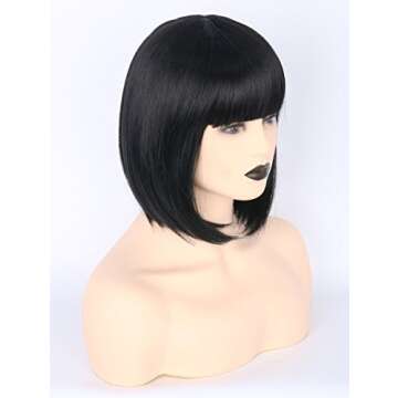 Topcosplay Womens Bob Hair Wigs Short Black Flat Bangs Cosplay Halloween Costume Wigs