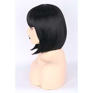 Topcosplay Womens Bob Hair Wigs Short Black Flat Bangs Cosplay Halloween Costume Wigs