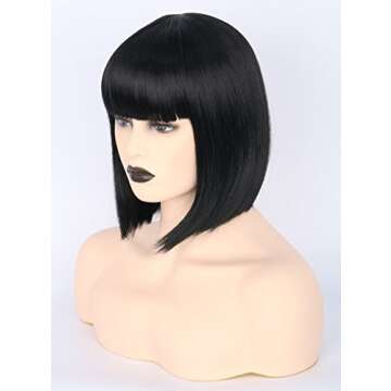 Topcosplay Womens Bob Hair Wigs Short Black Flat Bangs Cosplay Halloween Costume Wigs
