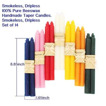 XIANGZHU Set of 14 Beeswax Handmade Taper Candles, 9 Inch Smokeless Dripless Wax Candles, Beeswax Ca...