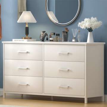 IKENO 6 Drawer White Dresser, Industrial Wood Dresser for Bedroom, Sturdy Steel Frame