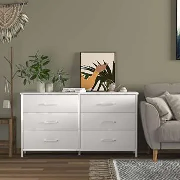 IKENO 6 Drawer White Dresser, Industrial Wood Dresser for Bedroom, Sturdy Steel Frame