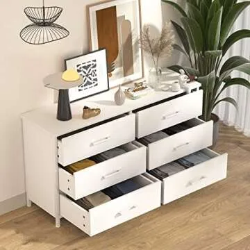 IKENO 6 Drawer White Dresser, Industrial Wood Dresser for Bedroom, Sturdy Steel Frame