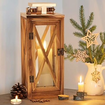 XRKITE Wooden Candle Lantern Decorative, Patio Decor with Stainless Top and Glass, Hurricane Lantern...