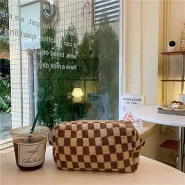 LETGO Preppy Makeup Bag Cosmetic Bag for Women,Small Makeup Bags for Purse Zipper Preppy Pencil Case Pouch for Women Preppy Stuff Shool Supplies(Coffee Brown)