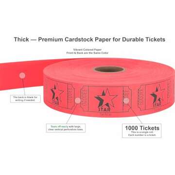 Tacticai 1000 Raffle Tickets, Star, Red (8 Color Selection), Single Roll, Ticket for Events, Entry, ...