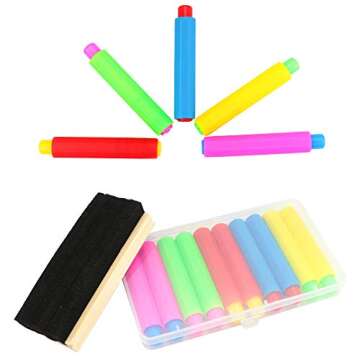 Nexxxi 10 Pcs Colorful Plastic Chalk Holder, Adjustable Chalk Clip with a Wood Chalkboard Eraser and Storage Case for School Supplies