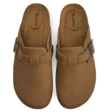 Torotto Womens Clogs Cork Footbed Suede Slippers Arch Support Potato Shoes with Adjustable Buckle(Khaki-39)