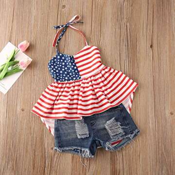 Toddler Baby Girl Halter Striped Star Dress Tops + Ripped Denim Shorts Pants Outfits Clothes 2Pcs Set (Trendy Independence Day Denim Shorts Outfit, 2-3T)