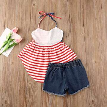 Toddler Baby Girl Halter Striped Star Dress Tops + Ripped Denim Shorts Pants Outfits Clothes 2Pcs Set (Trendy Independence Day Denim Shorts Outfit, 2-3T)