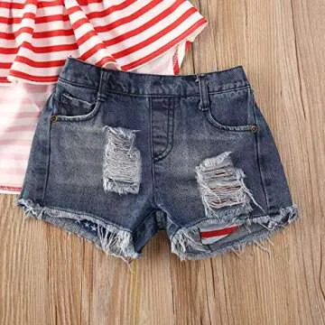 Toddler Baby Girl Halter Striped Star Dress Tops + Ripped Denim Shorts Pants Outfits Clothes 2Pcs Set (Trendy Independence Day Denim Shorts Outfit, 2-3T)