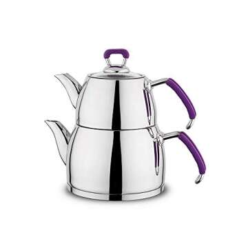Schafer Prochef Stainless Steel Turkish Traditional Original Teapot Set 3 Pieces Purple, 1.25 Liter infuser, 2.5 Liter bottom, By ADM Global Market