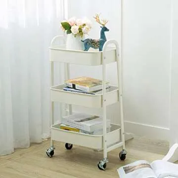 AGTEK Makeup Cart, Movable Rolling Organizer Cart, White 3 Tier Metal Utility Cart