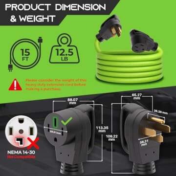 GEARit 50 Amp RV/EV Extension Cord (15 ft) 4-Prong 250-Volt, Compatible with Tesla Model 3/S/X/Y Mobile Charger, NEMA 14-50P to 14-50R 6/3+8/1 STW AWG Gauge Outdoor Waterproof Power Cable - 15 Feet