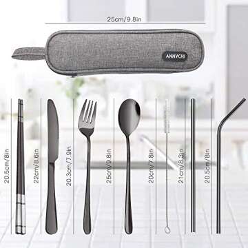 Reusable Utensils with Case - Lunch Utensil Case Black Portable Flatware Stainless Set with Case and Straw, Straight Straw, Knife, Fork, Spoon