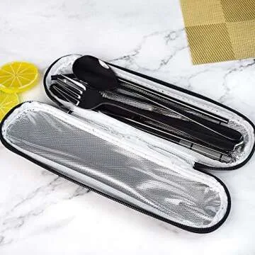 Reusable Utensils with Case - Lunch Utensil Case Black Portable Flatware Stainless Set with Case and Straw, Straight Straw, Knife, Fork, Spoon