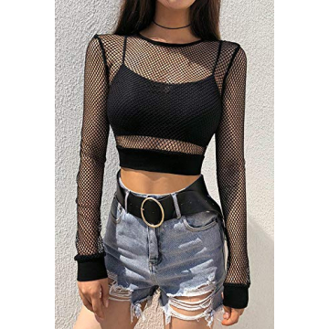 Velius Women's Sexy Mesh Fishnet Crop Top Hoodie