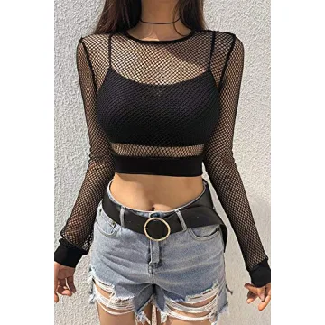 Velius Women's Sexy Mesh Fishnet Crop Top Hoodie