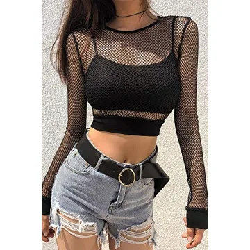 Velius Women's Sexy Mesh Fishnet Crop Top Hoodie