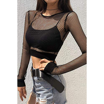 Velius Women's Sexy Mesh Fishnet Crop Top Hoodie