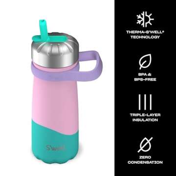 S'well Stainless Steel Traveler with Flip Straw Lid, 16oz, Pastel Paradise, Triple Layered Vacuum Insulated Containers Keeps Drinks Cold for 24 Hours, BPA Free, Easy Carrying On the Go