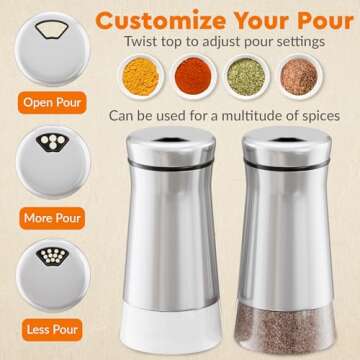 HOME EC Original Salt and Pepper Shakers Set with Adjustable Pour Holes - Glass and Stainless Steel ...