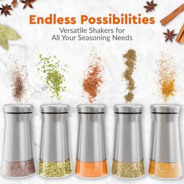 HOME EC Original Salt and Pepper Shakers Set with Adjustable Pour Holes - Glass and Stainless Steel Salt Shaker and Pepper Shaker - Farmhouse Spice dispenser for salts, ground peppercorn and spices