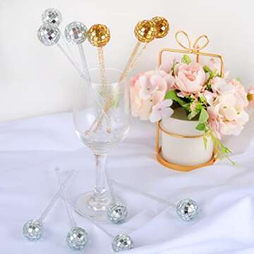 DISCO BALL DRINK STIRRERS glitter Drink Stirrers Lolipop Sticks Disposible for Last Disco disco bachelorette New Year’s Eve (silver)