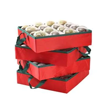 Large 2-in-1 Christmas Ornament Storage Box & Xmas Figurine Container - Easy Access Removable Trays, Keeps 73 Holiday Ornaments - Adjustable Extent Area for Figurines and Pockets for Decoration