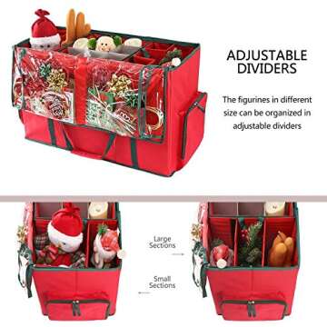 Large 2-in-1 Christmas Ornament Storage Box & Xmas Figurine Container - Easy Access Removable Trays, Keeps 73 Holiday Ornaments - Adjustable Extent Area for Figurines and Pockets for Decoration
