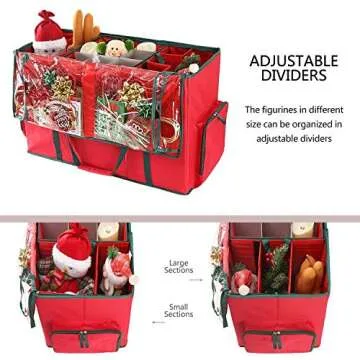 Large 2-in-1 Christmas Ornament Storage Box & Xmas Figurine Container - Easy Access Removable Trays, Keeps 73 Holiday Ornaments - Adjustable Extent Area for Figurines and Pockets for Decoration