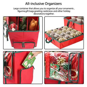 Large 2-in-1 Christmas Ornament Storage Box & Xmas Figurine Container - Easy Access Removable Trays, Keeps 73 Holiday Ornaments - Adjustable Extent Area for Figurines and Pockets for Decoration