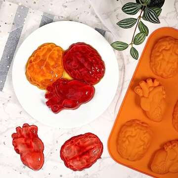 Kamehame Brain and Heart Cake Mold, 2 Pieces Silicone Jello Molds, Halloween Simulation Human Organ Cupcake Muffin Molds, Orange
