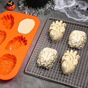 Kamehame Brain and Heart Cake Mold, 2 Pieces Silicone Jello Molds, Halloween Simulation Human Organ Cupcake Muffin Molds, Orange