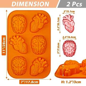 Kamehame Brain and Heart Cake Mold, 2 Pieces Silicone Jello Molds, Halloween Simulation Human Organ Cupcake Muffin Molds, Orange