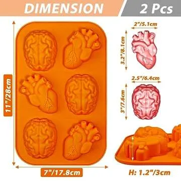 Kamehame Brain and Heart Cake Mold, 2 Pieces Silicone Jello Molds, Halloween Simulation Human Organ Cupcake Muffin Molds, Orange