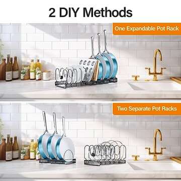 ORDORA Pots and Pans Organizer: Rack for Cabinet, Expandable Cutting Board Pot Lid Organizer Holder with 10 Adjustable Dividers for Kitchen Cabinet Organizers and Storage