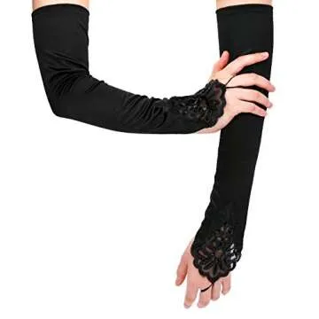 SAVITA Black Fingerless Long Gloves Pierced Elbow Length Satin Lace Gloves 19 Inches Stretchy Opera Evening Party 1920s Gloves for Women Cosplay Bridal Wedding